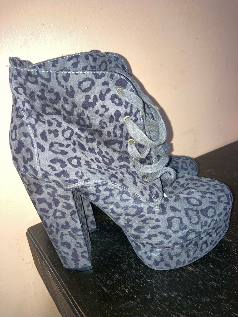 Forever 21 Grey Leopard Platform Lace-Up Heeled Ankle Boots
